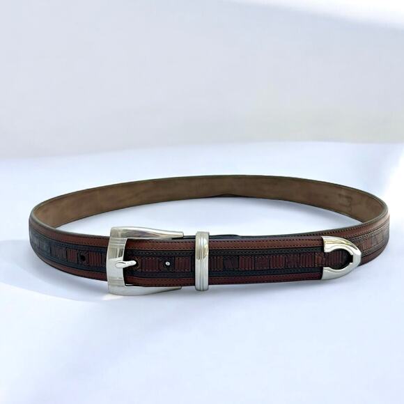 Mezlan Genuine Crocodile Belt Brown Men Silver Buckle Hardware 34” Spain Exotic - Picture 2 of 8